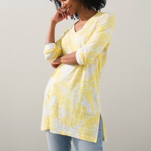 CHICOS 100% Linen Warm Paisley Floral Tunic V-Neck Top Blouse Butter Yellow 3 XL